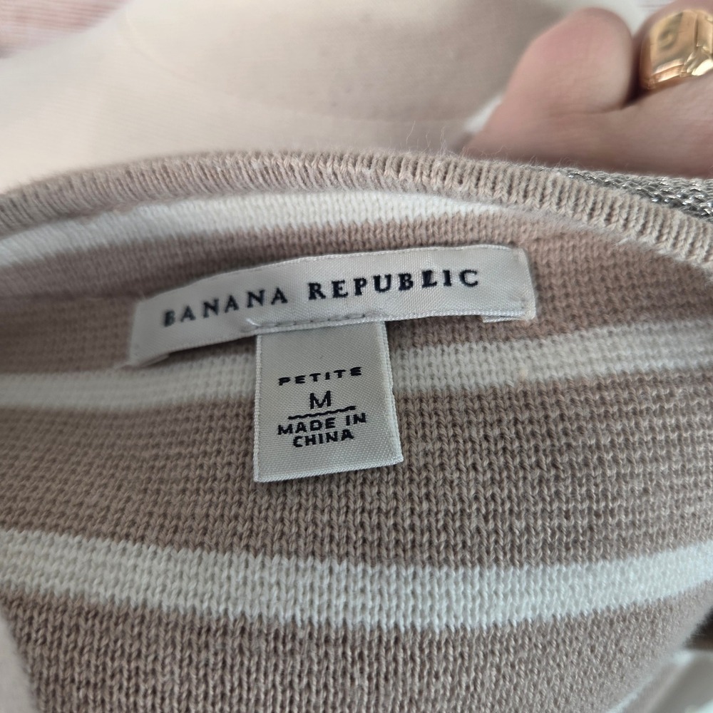 Banana Republic Petite M Tan White Striped Cardigan Metallic Trim 3/4 Sleeve - Picture 5 of 7
